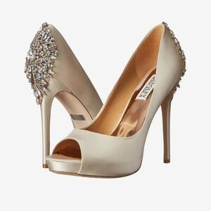 Badgley Mischka Champagne Peep-Toe Heels with Rhinestones